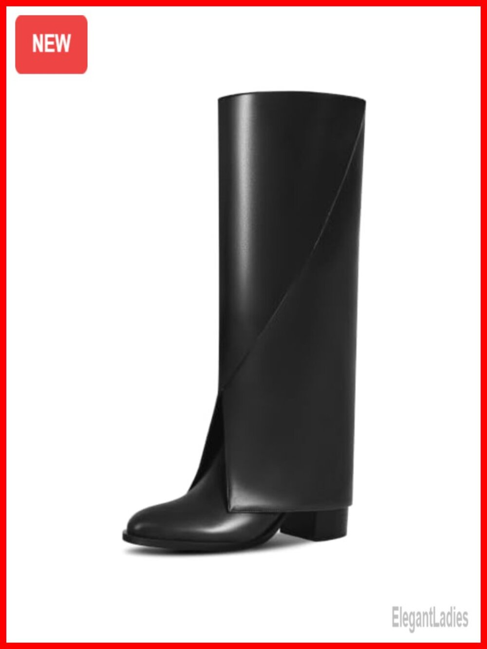Women's Knee High Fold Over Boots Chunky Block Heel Pointed Toe Faux Leather